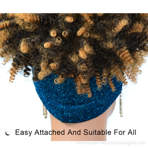 Hot Selling Black Fluffy Afro Short Kinky Curly Turban Wigs With Headband Attached For Black Women Synthetic Hair Wigs